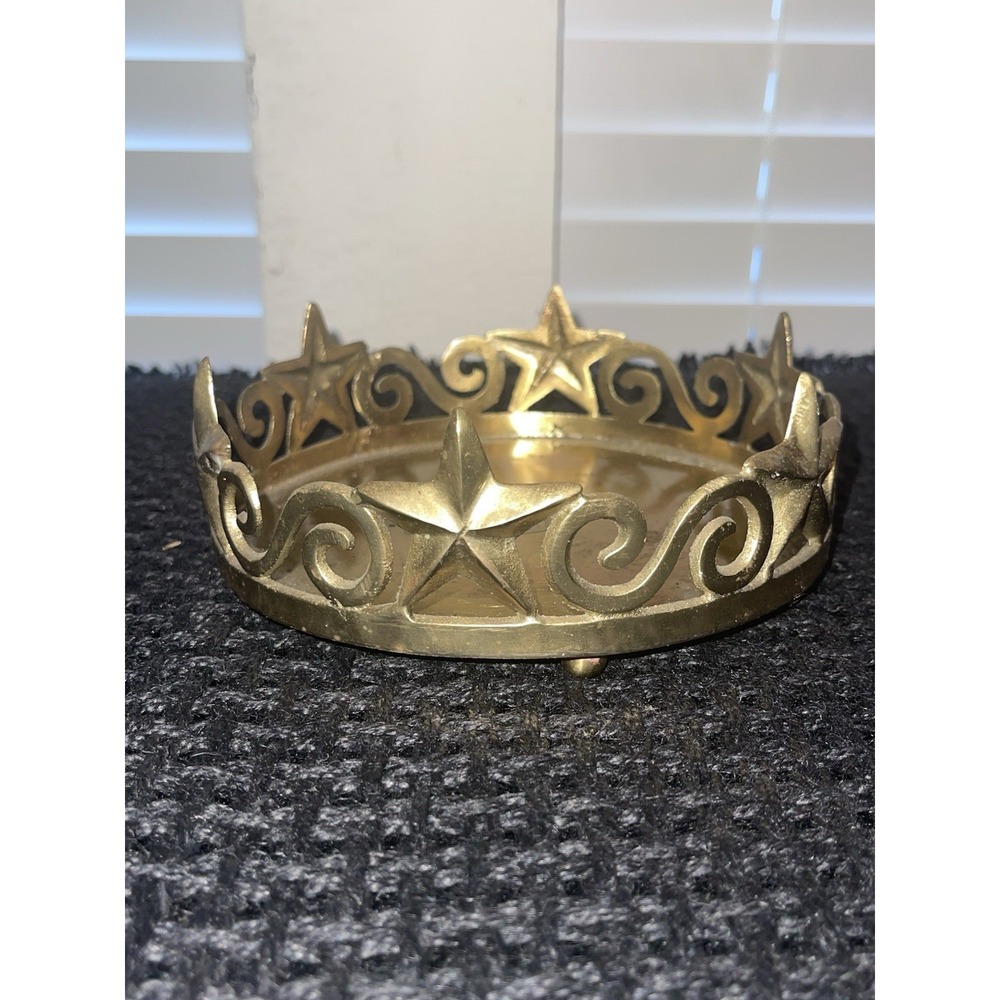 Pier 1 Imports Vintage Brass Look Footed Pillar Candle Holder Star Scroll 6.5"